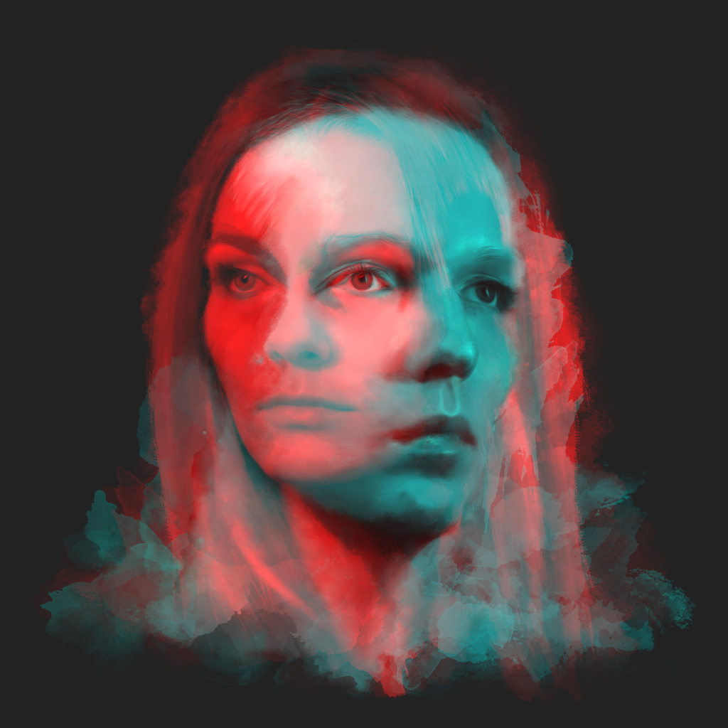 Portrait using an experimental painting and complementary blending technique of the two artists from Cronos Studio.