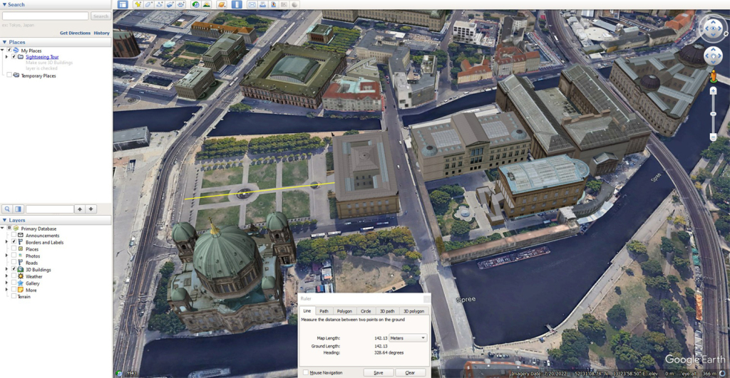 User interface of Google Earth Pro and measuring distance module.