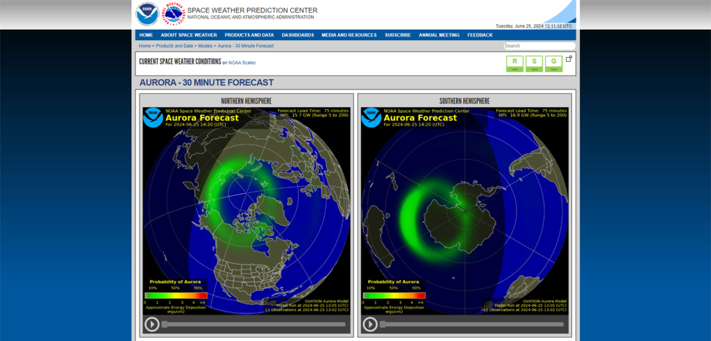 Web interface of NOAA Aurora Forecast.