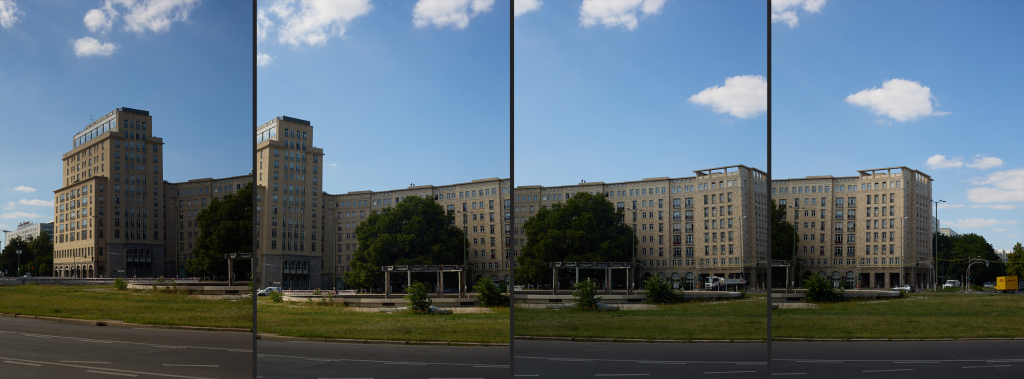 Vier Einzelaufnahmen bei 50 mm für ein Panorama des Panorama-Gebäudes an der Karl-Marx-Allee in Berlin.