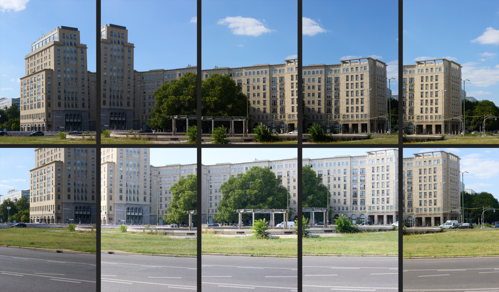 Zehn Einzelaufnahmen bei 85 mm für ein Panorama des Panorama-Gebäudes an der Karl-Marx-Allee in Berlin.