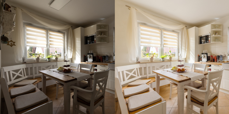 A before-after view of an image of a spacious kitchen with modern appliances, white cabinets, and a large window providing natural light.