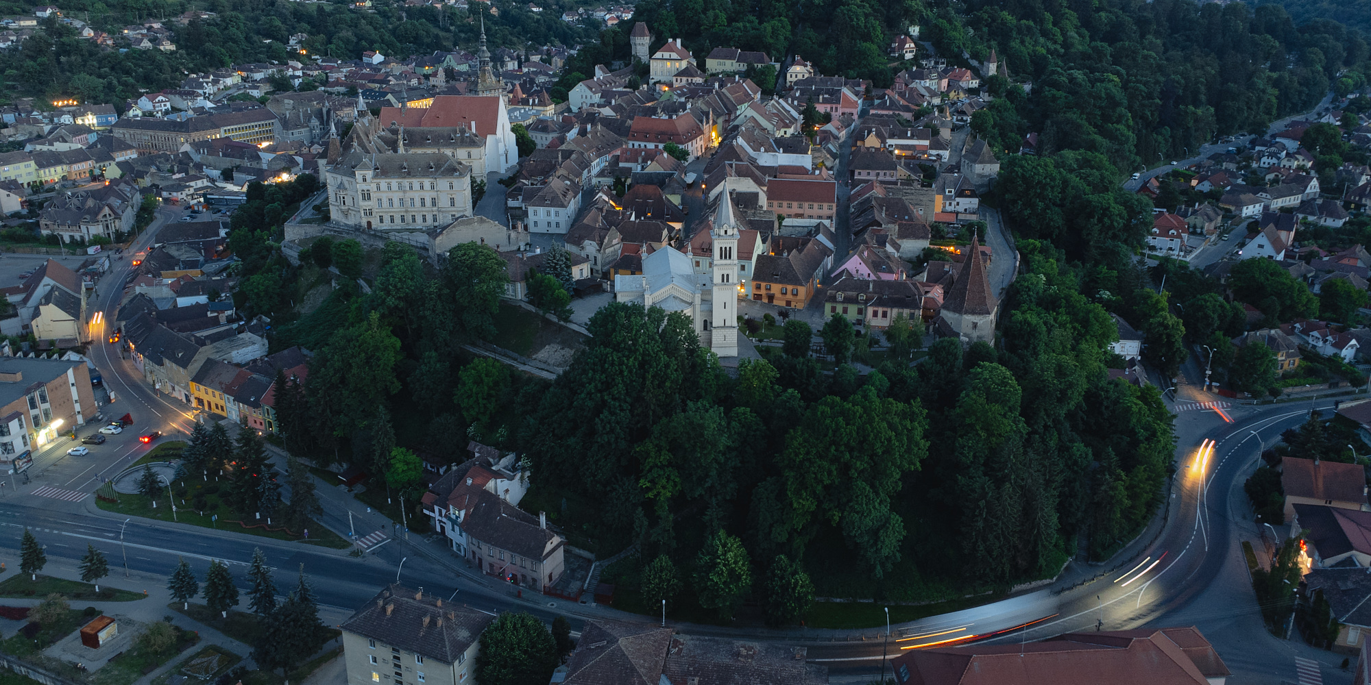 Aerial view of the citadel of Sighisoara, Romania.