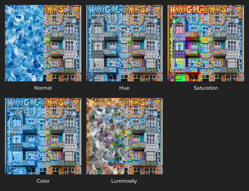 Overview of the blending modes in the Component category in Adobe Photoshop and how they affect an image.