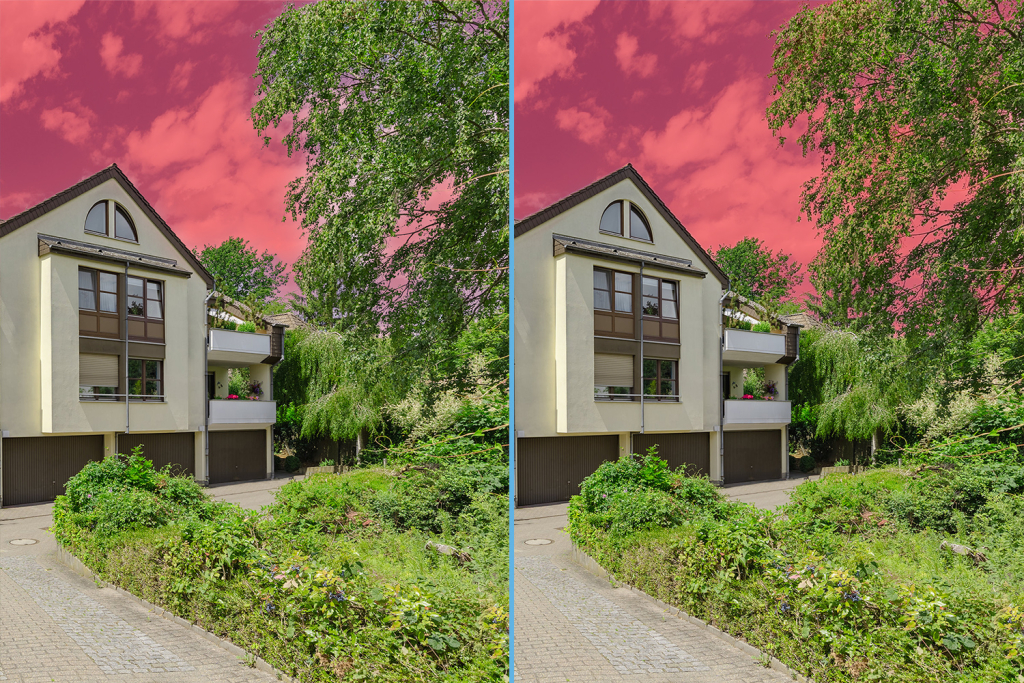 Image depicting the difference between an automated sky selection and refining masks using channels in Photoshop.