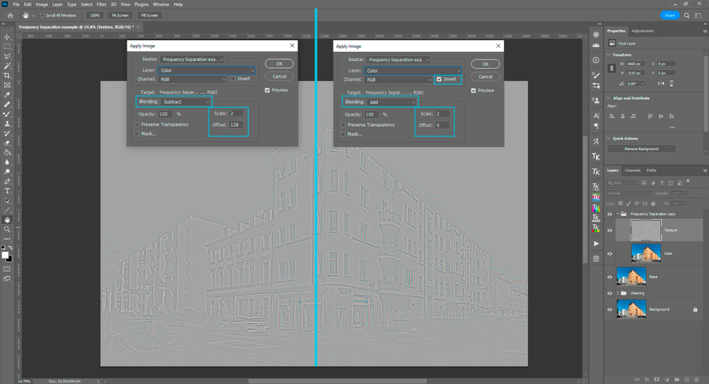 Einstellungen für den Erhalt der Texturebene (Hochfrequenz) bei der Arbeit mit der Frequenztrennung in Adobe Photoshop.