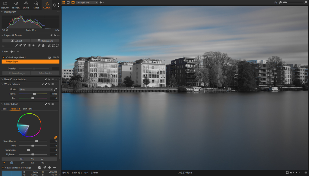 Beispiel für die Farbbereichsisolierung bei der Maskenvorbereitung in Capture One.