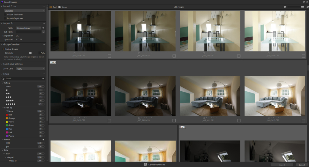 Die Benutzeroberfläche des Importfensters in Capture One, mit aktivierter Bildgruppierung.