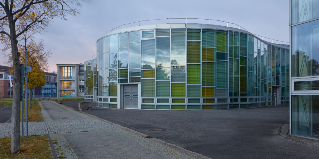 During the blue hour, an evening view of the Centre for Photonics and Optics I in Adlershof, Berlin.