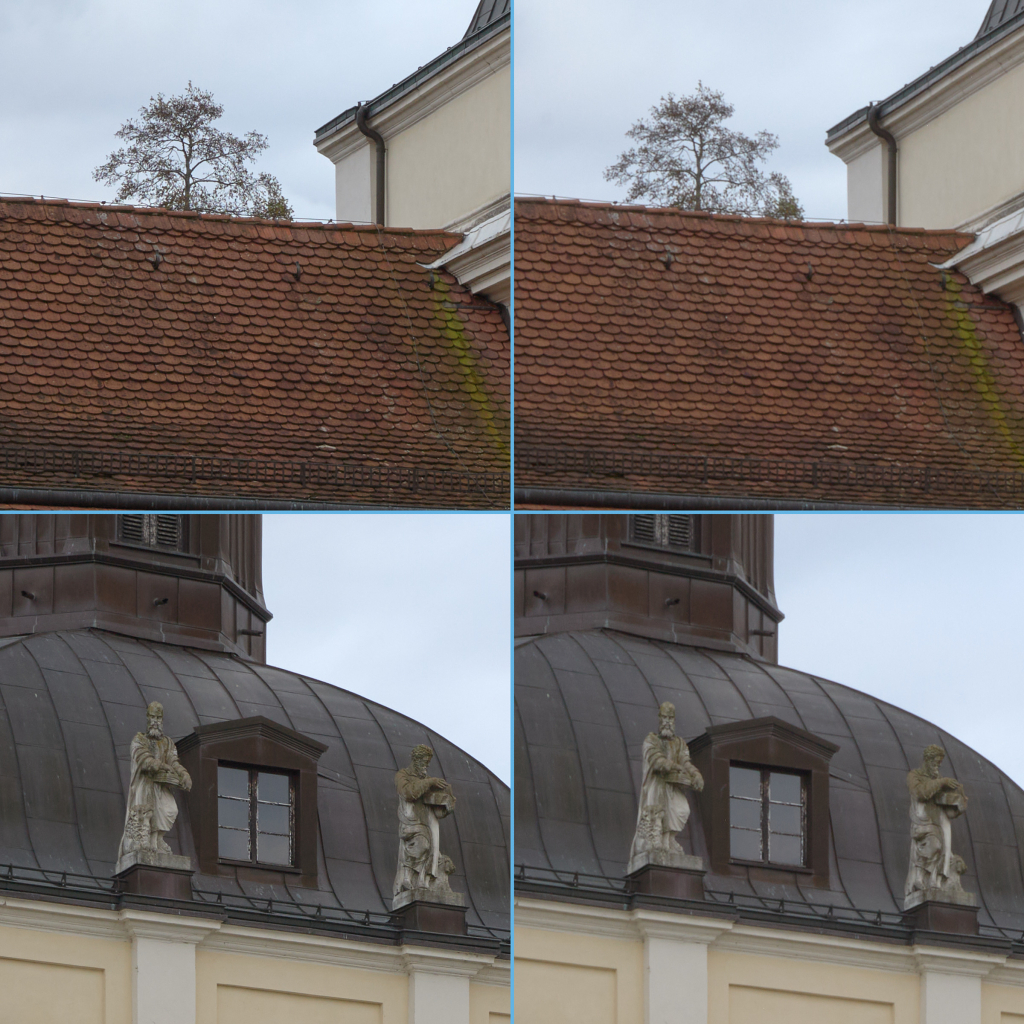 Four images for comparison of long exposure images: left shows images without diffraction for sharper details, right shows images softened by diffraction.