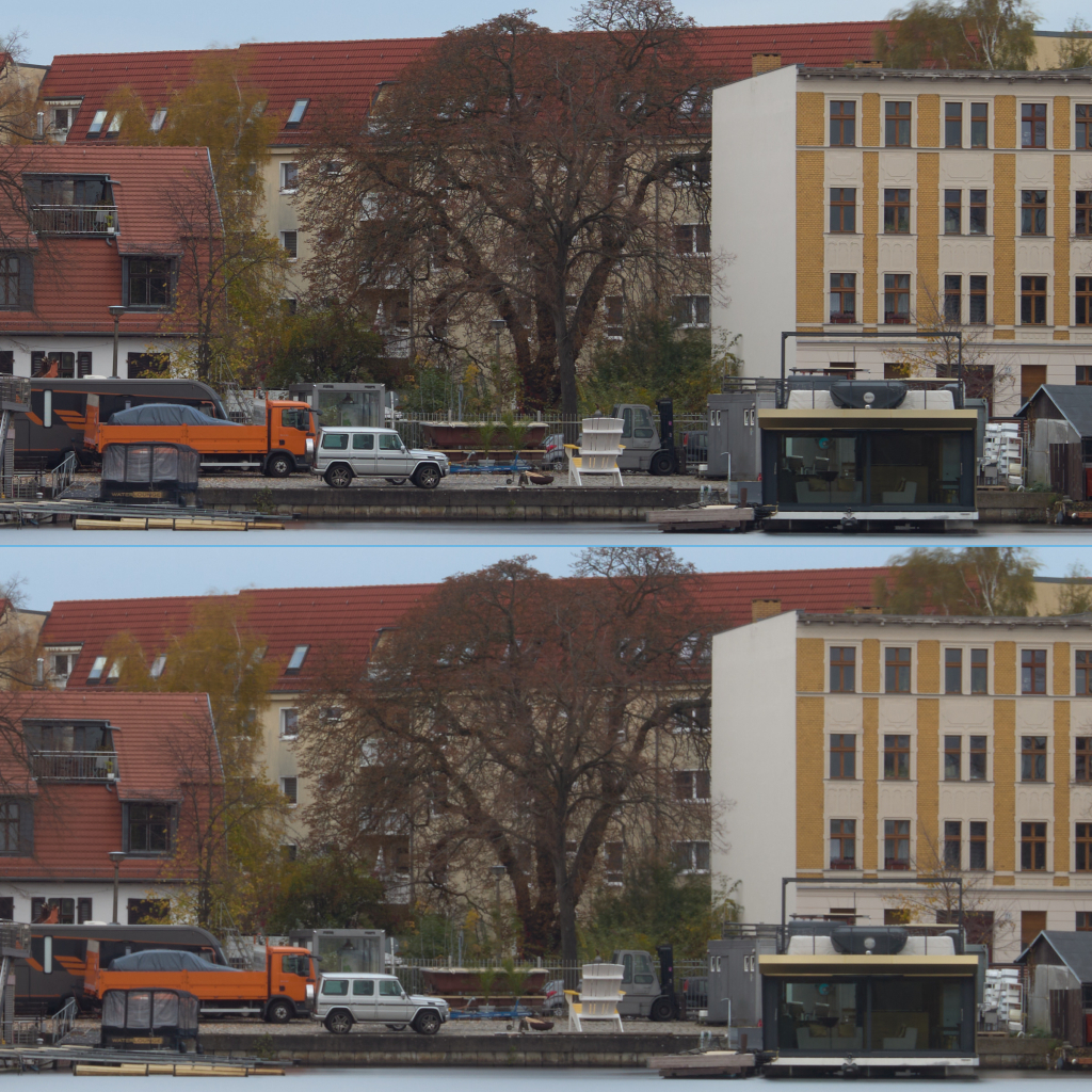 Comparison of long exposure images: above shows image without diffraction for sharper details, below shows image with detail loss caused by diffraction.