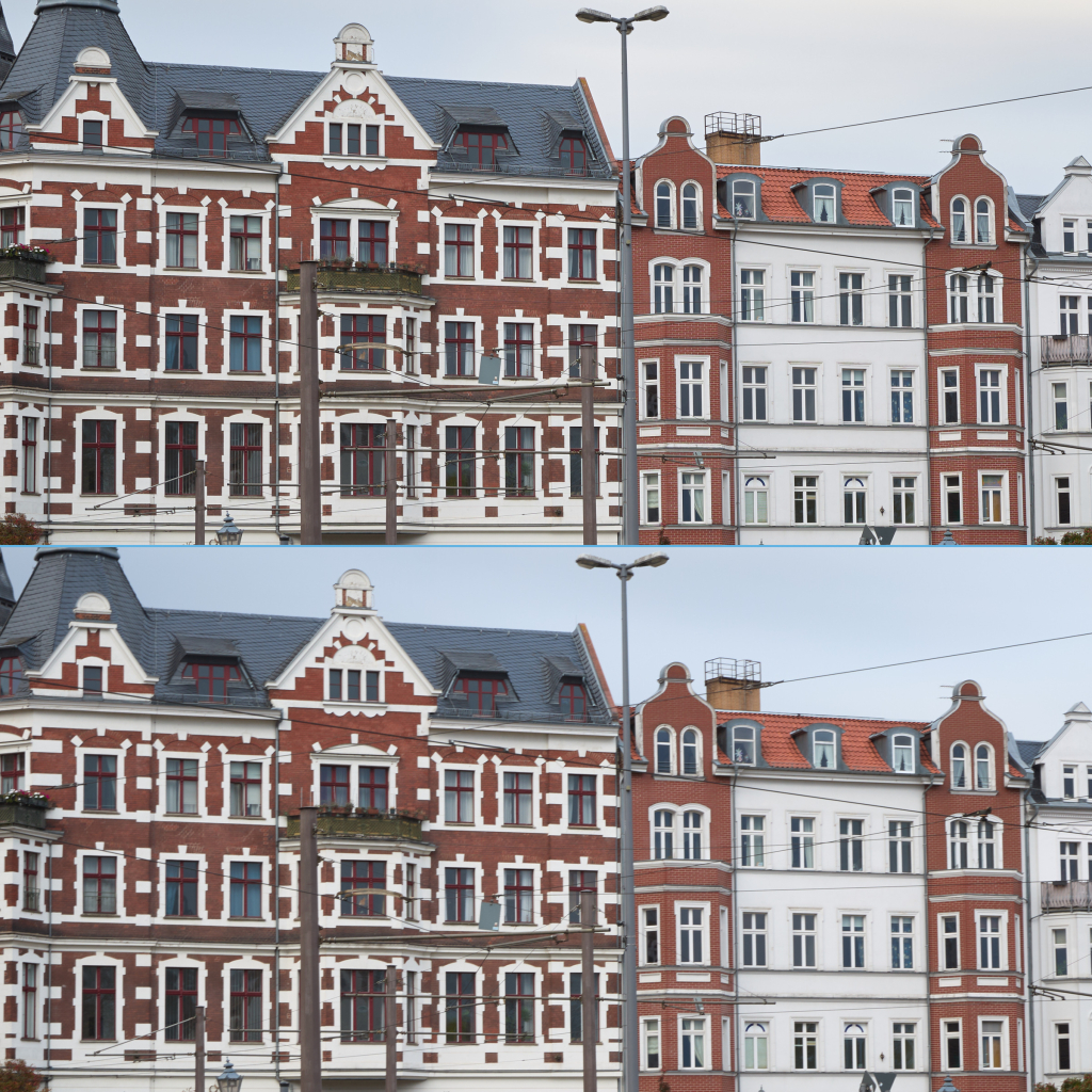 Comparison of long exposure images: above shows sharpness without stabilization, below shows blur with image stabilization enabled.