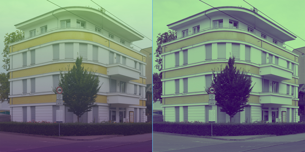 A 50% opacity green-to-purple gradient overlay on the left compared to a gradient map at 75% opacity affecting colors on the right.