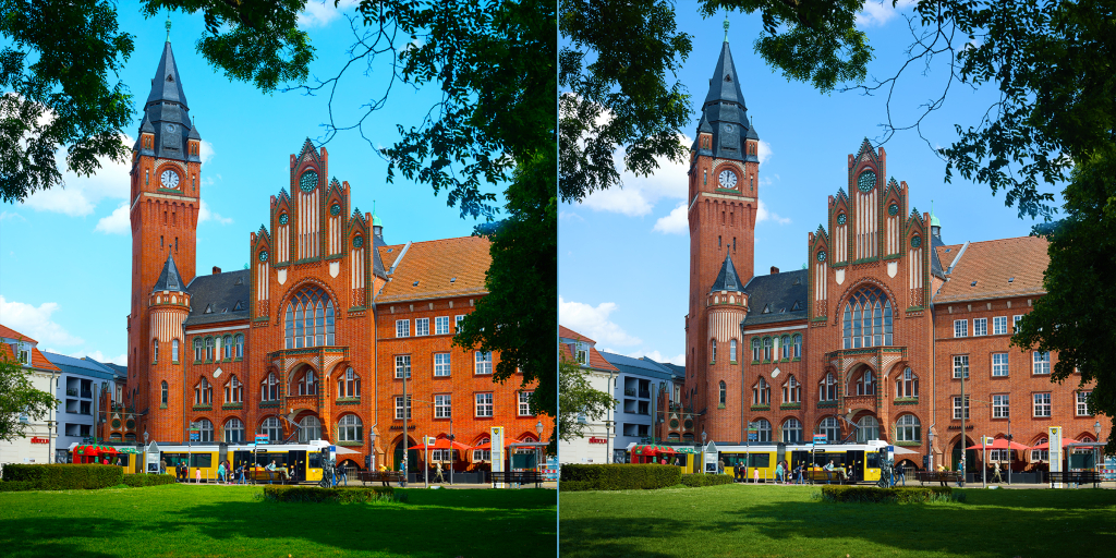 Comparison of saturation and vibrance at maximum values, showing oversaturated colors on the left and a more natural vibrance on the right.