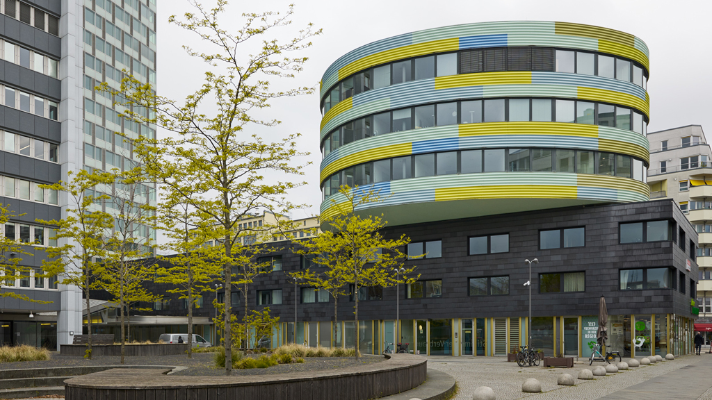 Architectural detail showing the cantilevered pillbox of the GSW Headquarter building in Berlin.