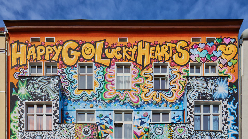 Artistic front view of the Happy Go Lucky Hotel in Charlottenburg, decorated by Irish artist Dom Browne.
