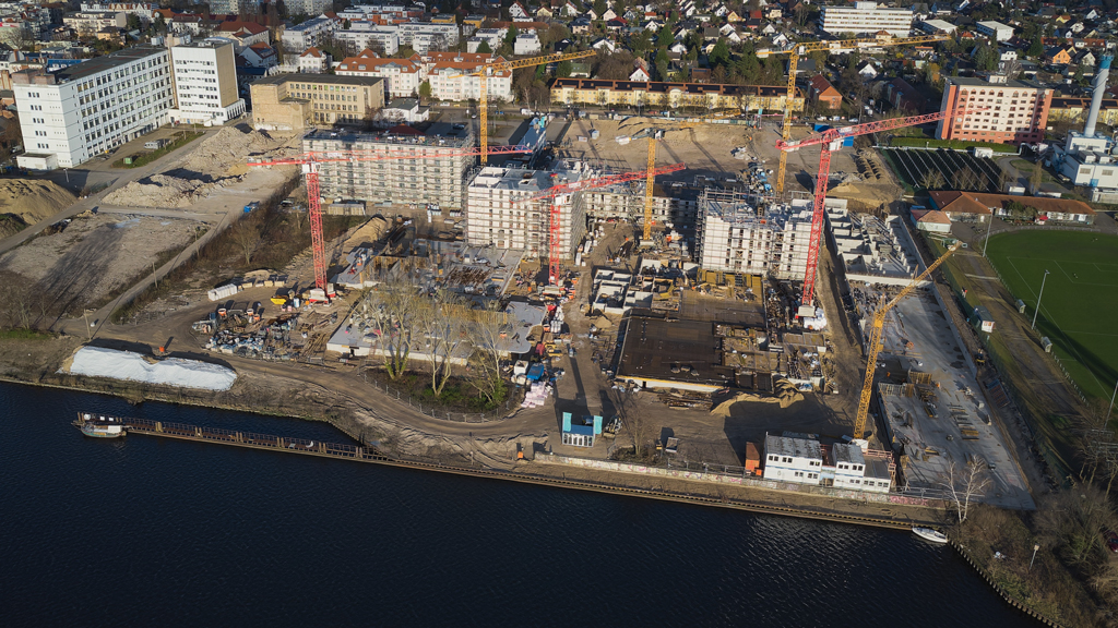 Riverside development under construction captured from above in Köpenick, Berlin.